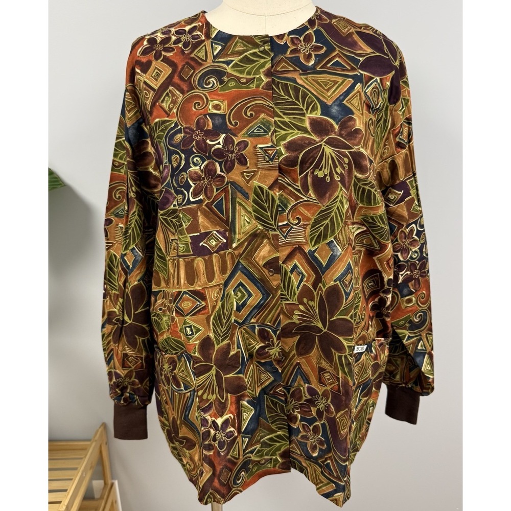 NWT Cherokee Naturals Scrub Jacket 2X Hawaiian Batik Brown Cotton Warm Up Scrubs